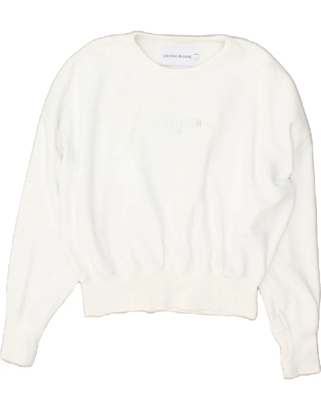 CALVIN KLEIN Womens Graphic Sweatshirt Jumper UK 16 Large White Hoodie with Hem Embroidery Detailed Premium