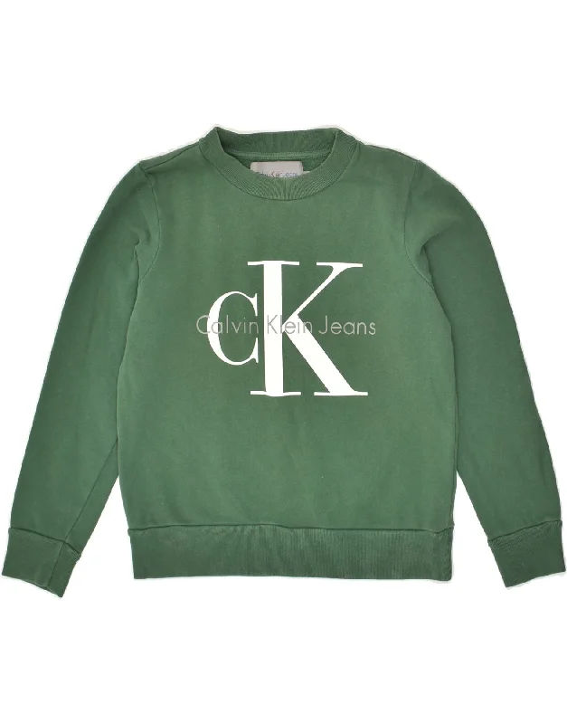 CALVIN KLEIN Womens Graphic Sweatshirt Jumper UK 6 XS Green Cotton Hoodie with Thumb Holes Functional Cozy