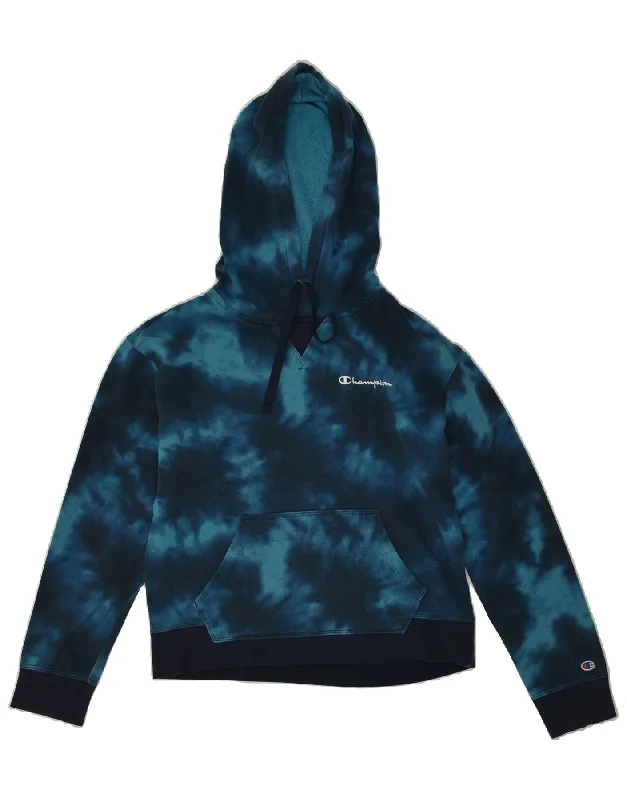 CHAMPION Womens Crop Graphic Hoodie Jumper UK 14 Medium Navy Blue Tie Dye Hoodie with Drawcord Adjustable Secure