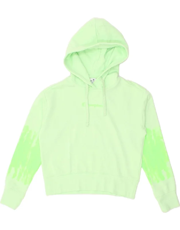 CHAMPION Womens Graphic Hoodie Jumper UK 10 Small Green Cotton Hoodie with Cuffed Sleeves Snug Secure