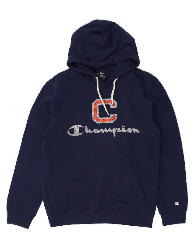 CHAMPION Womens Graphic Hoodie Jumper UK 10 Small Navy Blue Cotton Hoodie with Logo Branding Identity