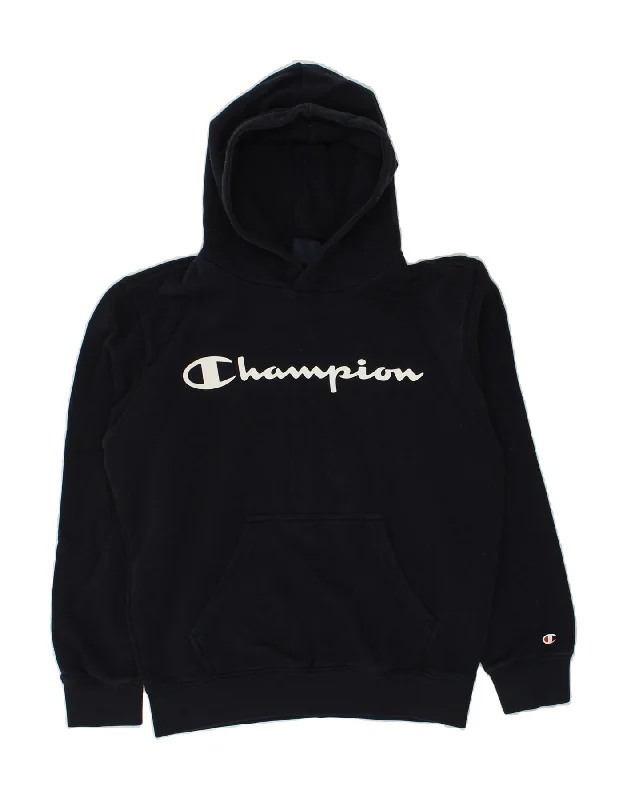 CHAMPION Womens Graphic Hoodie Jumper UK 10 Small Navy Blue Cotton Hoodie with Hem Raw Edge Edgy Unfinished