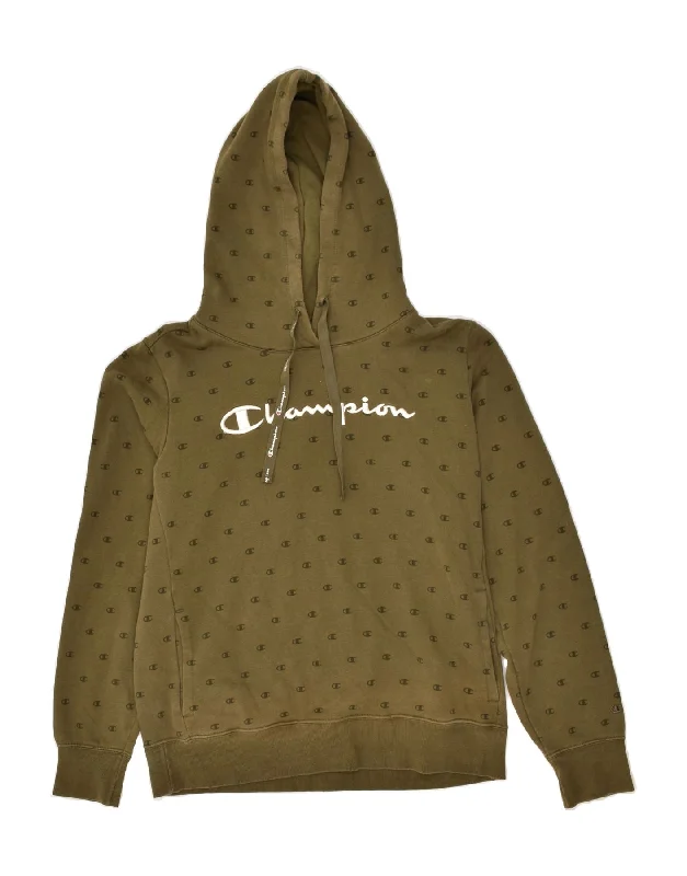 CHAMPION Womens Graphic Hoodie Jumper UK 14 Large Khaki Cotton Hoodie Crop Top Short Trendy