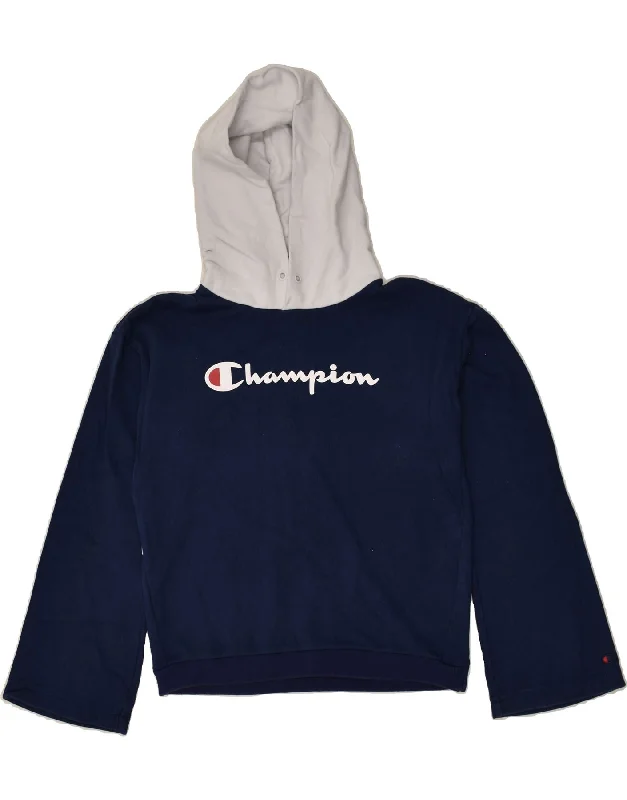 CHAMPION Womens Graphic Hoodie Jumper UK 14 Medium Navy Blue Colourblock Graphic Hoodie Design Print