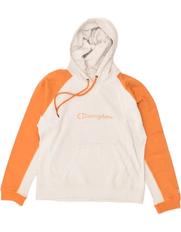 CHAMPION Womens Graphic Hoodie Jumper UK 14 Medium Orange Colourblock Oversized Hoodie Comfort Casual