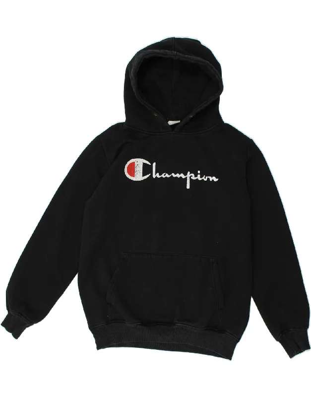 CHAMPION Womens Graphic Hoodie Jumper UK 16 Large Black Cotton Hoodie with Magnetic Closure Innovative Modern