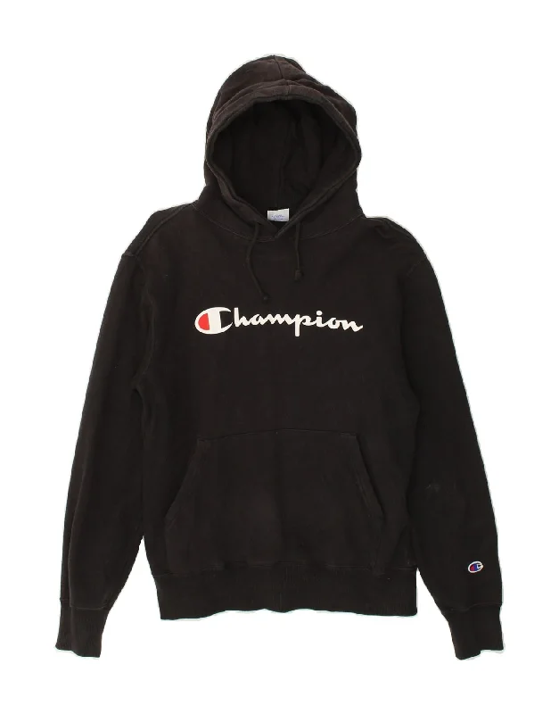 CHAMPION Womens Graphic Hoodie Jumper UK 16 Large Black Hoodie with Batwing Sleeves Loose Dramatic