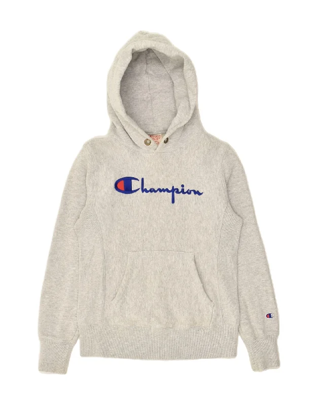 CHAMPION Womens Graphic Hoodie Jumper UK 8 Small Grey Cotton Hoodie Jacket Zipper Layering