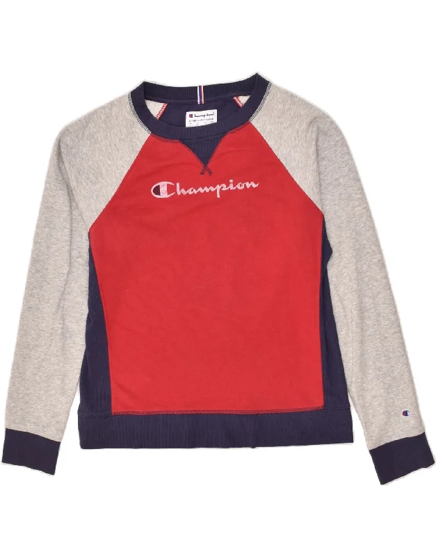 CHAMPION Womens Graphic Sweatshirt Jumper UK 14 Medium Red Colourblock Hoodie with Hem Patch Decorative Personalized