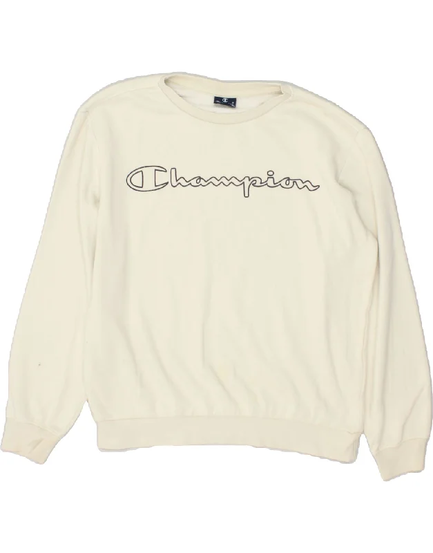 CHAMPION Womens Graphic Sweatshirt Jumper UK 18 XL Off White Cotton Hoodie with Hem Detail Decorative Unique