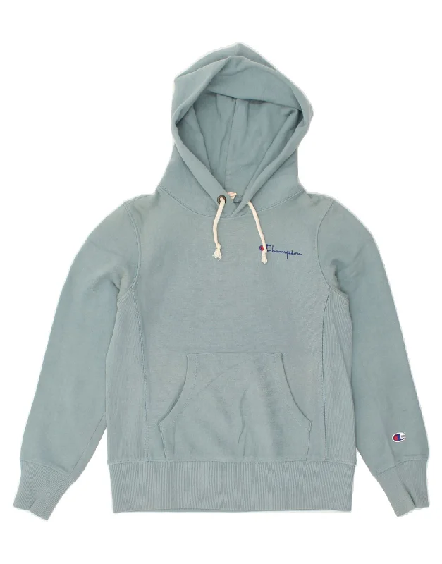 CHAMPION Womens Hoodie Jumper UK 10 Small Blue Cotton Hoodie with Mock Neck Collared Structured