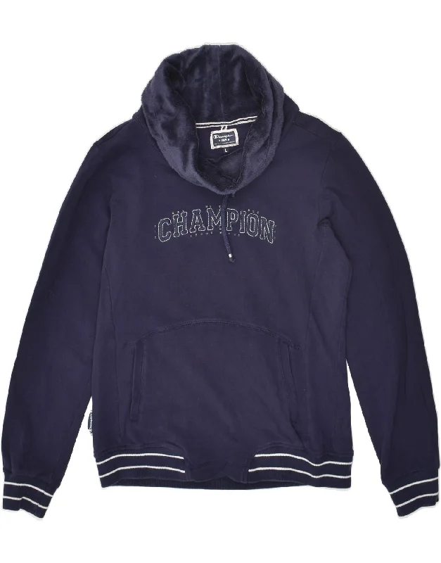 CHAMPION Womens Roll Neck Sweatshirt Jumper UK 16 Large Navy Blue Cotton Hoodie with Slim Fit Tailored Modern