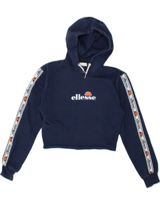 ELLESSE Womens Graphic Crop Hoodie Jumper UK 6 XS Navy Blue Cotton Hoodie with Hem Embroidery Detailed Premium