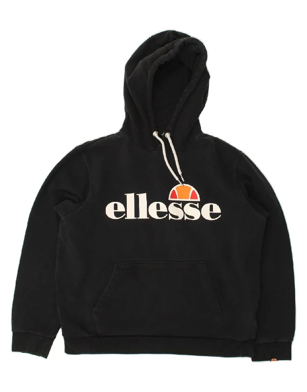 ELLESSE Womens Graphic Hoodie Jumper UK 12 Medium  Black Cotton Hoodie with Illustration Artistic Creative