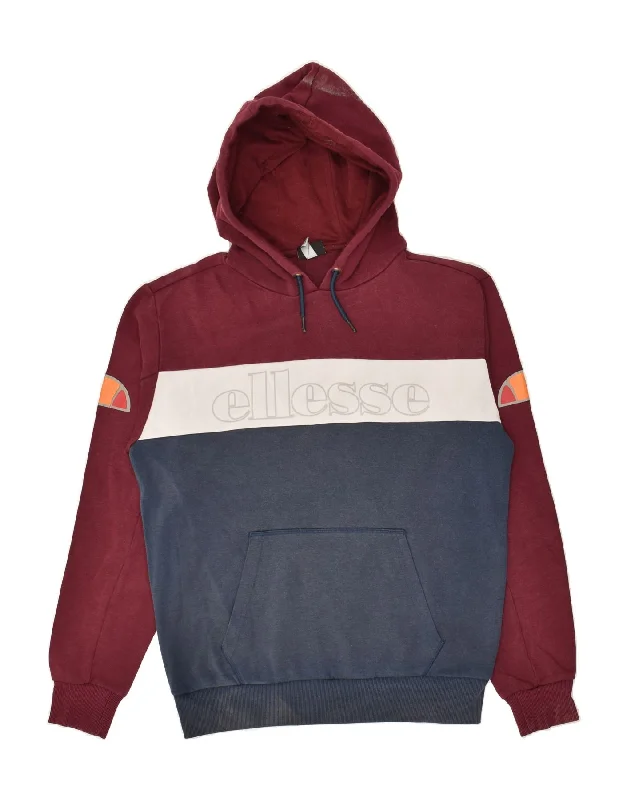 ELLESSE Womens Graphic Hoodie Jumper UK 16 Large Maroon Colourblock Cotton Hoodie with Set-In Sleeves Structured Classic