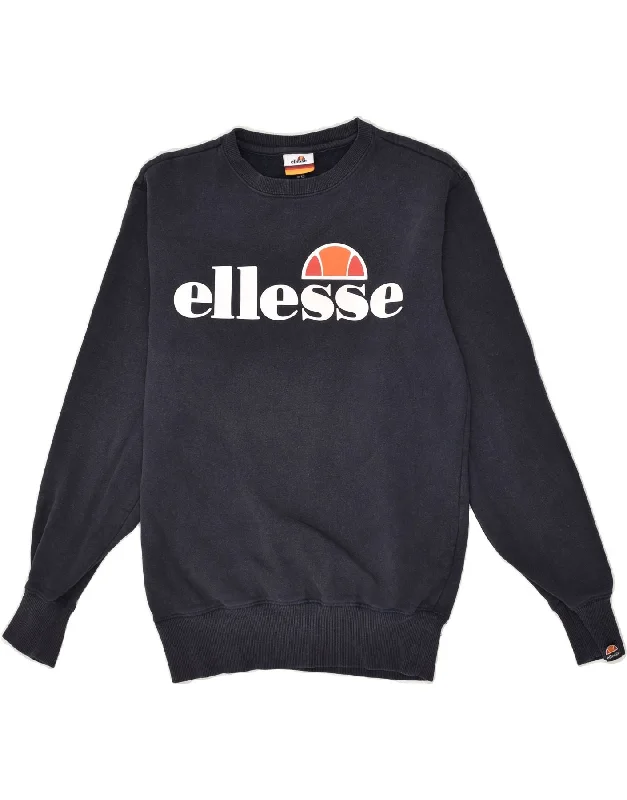 ELLESSE Womens Loose Fit Graphic Sweatshirt Jumper UK 6 XS Navy Blue Hoodie with Hood Adjustable Protection