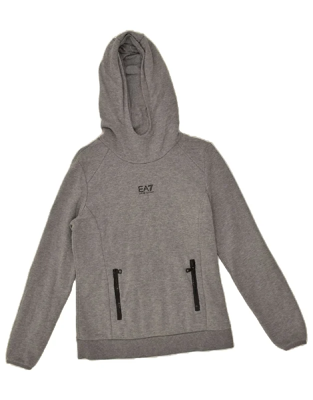 EMPORIO ARMANI Womens Hoodie Jumper UK 14 Medium Grey Cotton Hoodie with Thumb Holes Functional Cozy