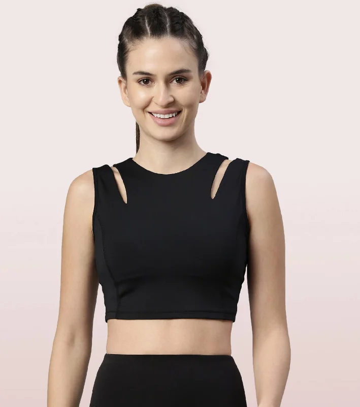 Shelf Bra Crop Vest | Crew Neck Vest With In-Built Shelf Bra Support & Removable Padding High Support Bra