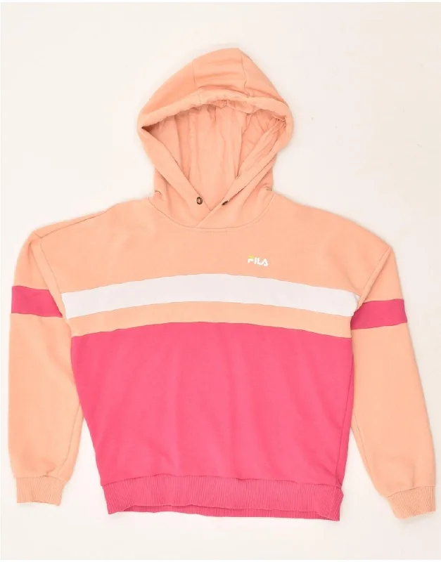 FILA Womens Graphic Hoodie Jumper UK 10 Small Pink Colourblock Cotton Hoodie with Hem Elastic Stretchable Comfortable