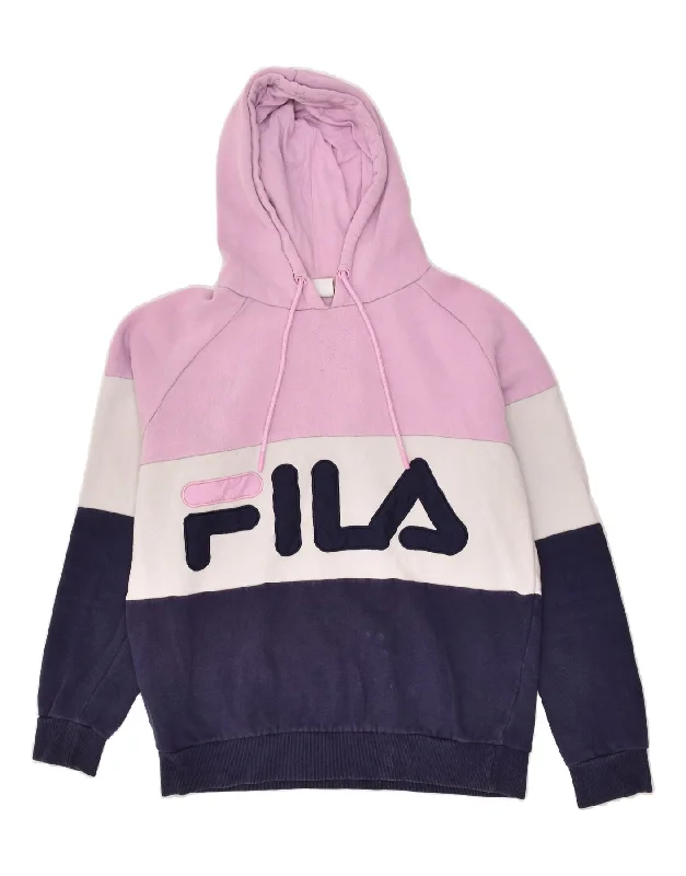 FILA Womens Graphic Hoodie Jumper UK 10 Small Pink Colourblock Cotton Hoodie with Hem Frayed Vintage Worn