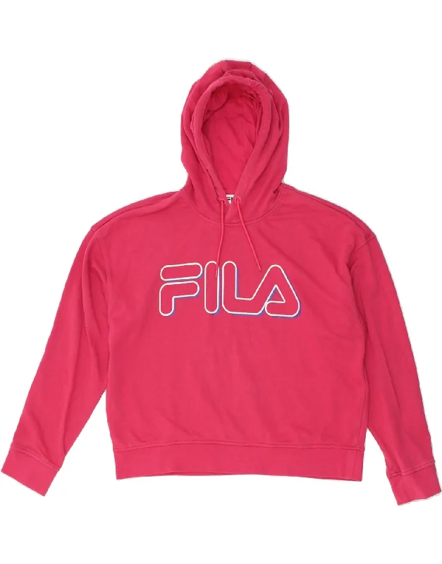 FILA Womens Graphic Hoodie Jumper UK 16 Large Pink Cotton Hoodie with Print Artistic Unique