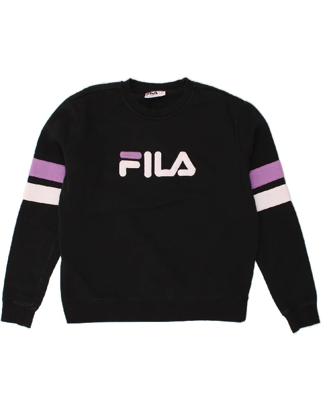 FILA Womens Graphic Sweatshirt Jumper UK 18 XL Black Cotton Hoodie with V-Neck Classic Versatile