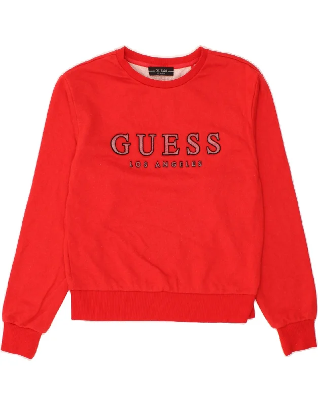 GUESS Womens Graphic Sweatshirt Jumper UK 6 XS Red Hoodie with Button Classic Timeless