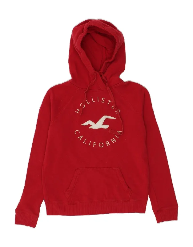 HOLLISTER Womens Graphic Hoodie Jumper UK 10 Small Red Cotton Hoodie with Hem Elastic Stretchable Comfortable