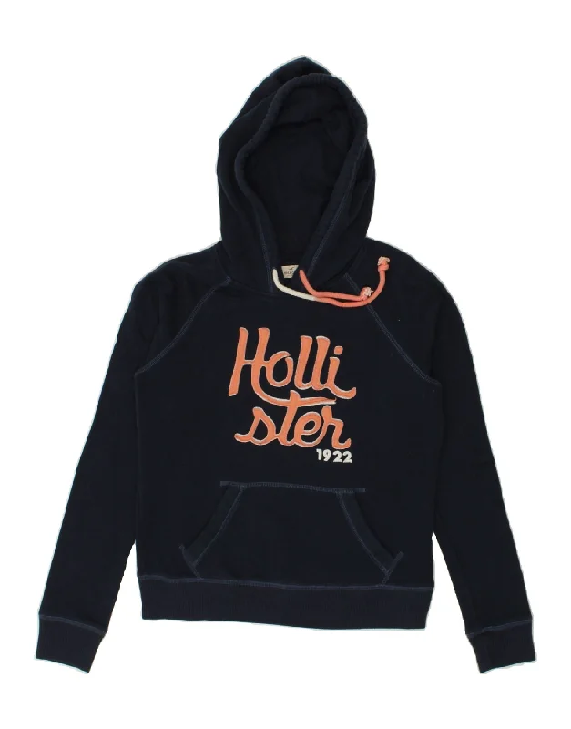 HOLLISTER Womens Graphic Hoodie Jumper UK 6 XS Navy Blue Cotton Hoodie with Ribbed Hem Stretchable Secure