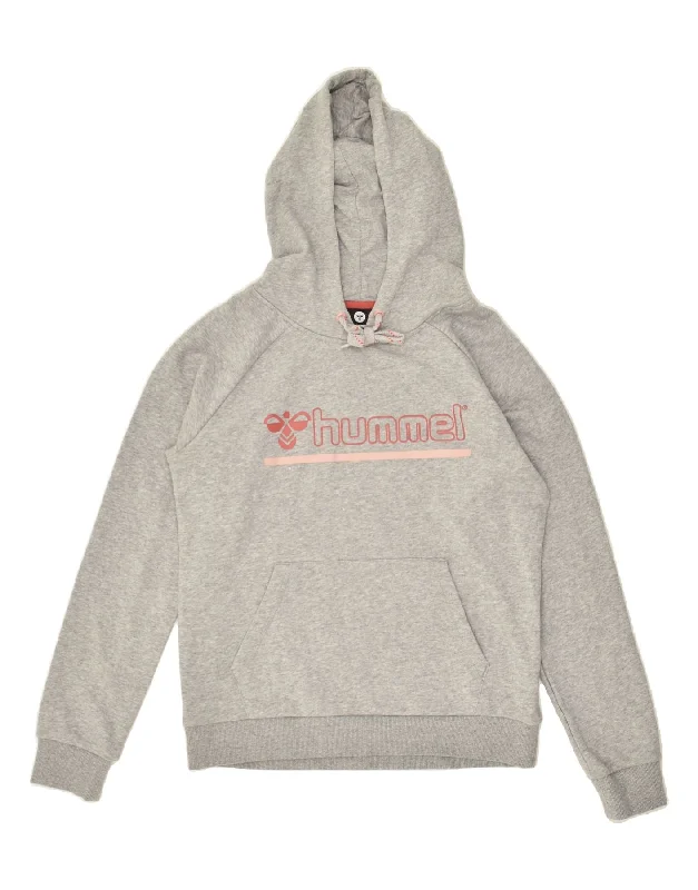 HUMMEL Womens Graphic Hoodie Jumper UK 14 Medium Grey Cotton Hoodie with Gradient Ombre Colorful