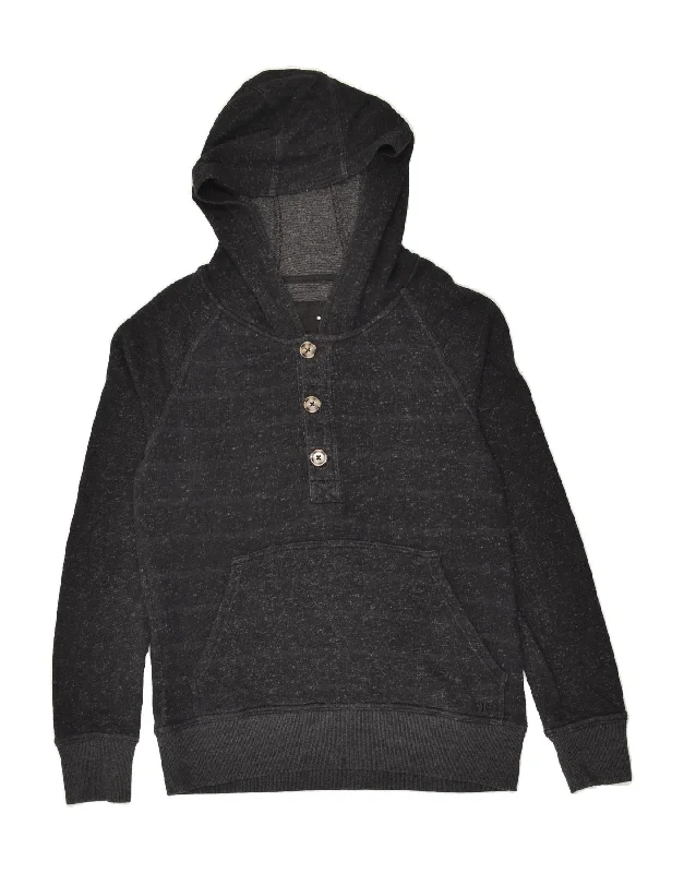 HURLEY Womens Button Neck Hoodie Jumper UK 14 Medium Black Flecked Cotton Hoodie with Emblem Brand Identity