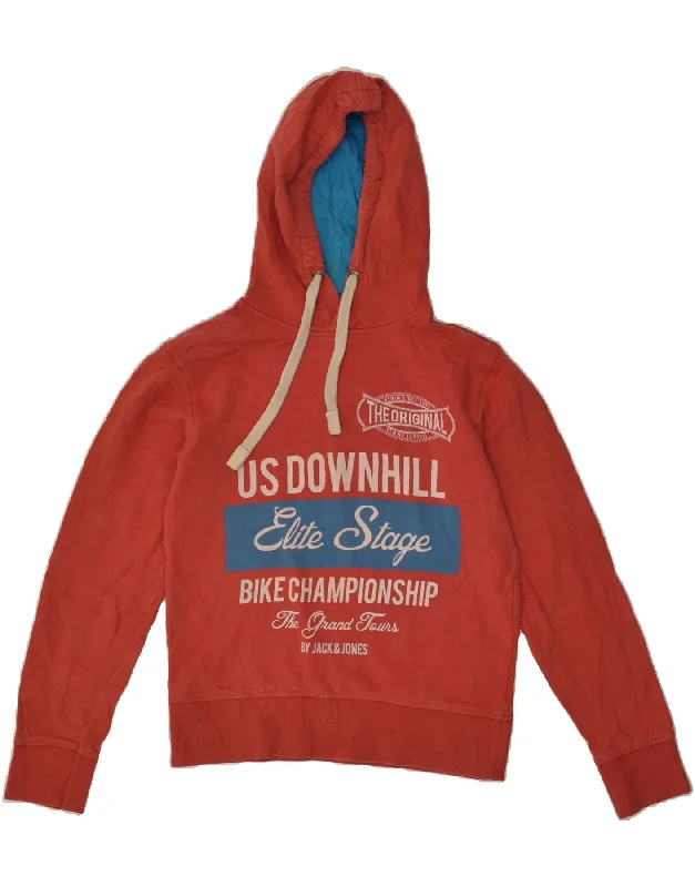 JACK & JONES Womens Graphic Hoodie Jumper UK 10 Small Red Cotton Hoodie with Button Classic Timeless