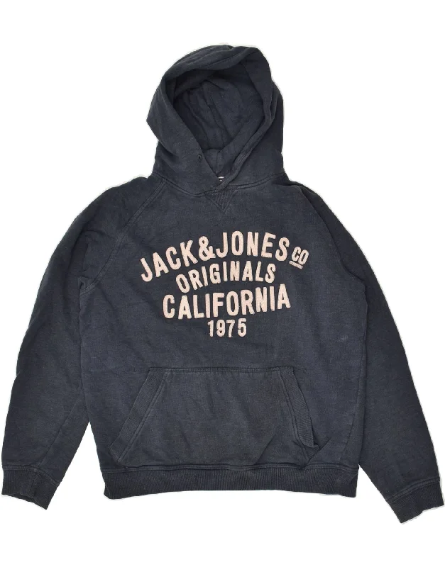 JACK & JONES Womens Graphic Hoodie Jumper UK 16 Large Navy Blue Cotton Hoodie with Raglan Sleeves Sporty Comfortable