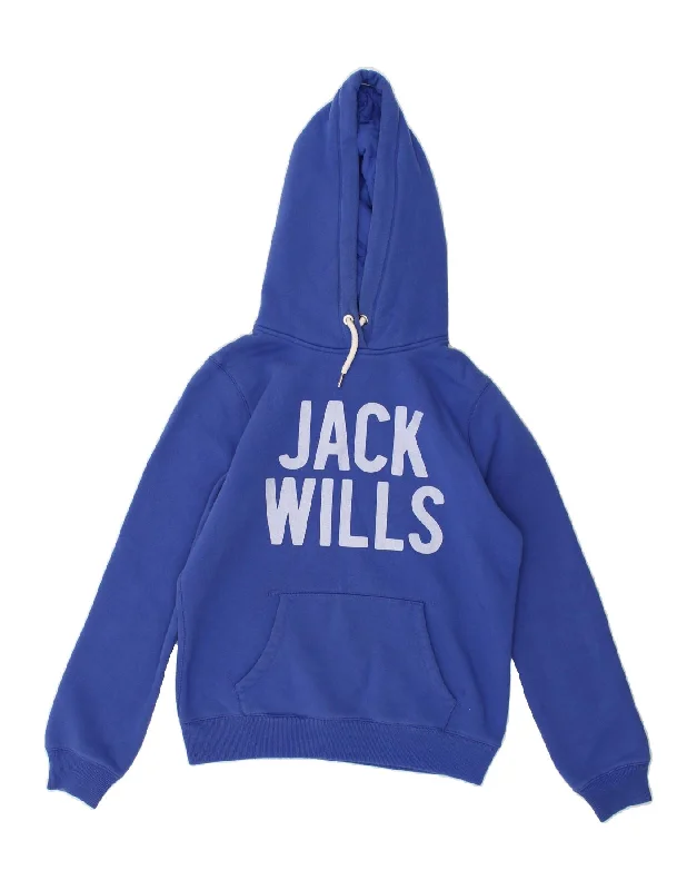 JACK WILLS Womens Graphic Hoodie Jumper UK 12 Medium  Blue Cotton Hoodie with V-Neck Classic Versatile