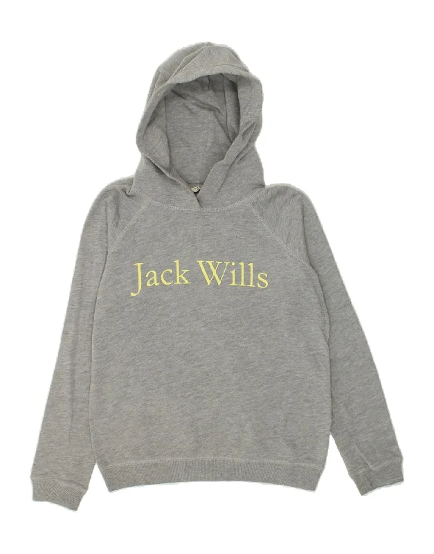 JACK WILLS Womens Graphic Hoodie Jumper UK 12 Medium Grey Cotton Hoodie with Hem Detail Decorative Unique