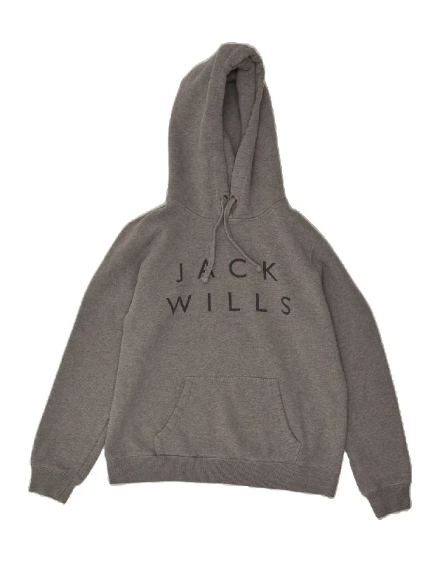 JACK WILLS Womens Graphic Hoodie Jumper UK 14 Large  Grey Cotton Hoodie with Mock Neck Collared Structured