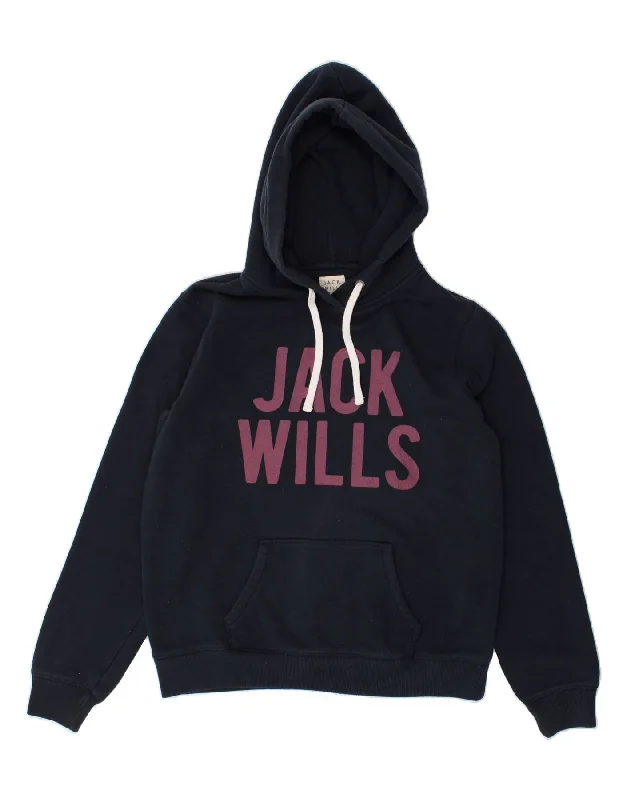 JACK WILLS Womens Graphic Hoodie Jumper UK 16 Large Navy Blue Hoodie with Hem Ribbing Snug Secure