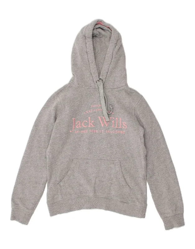 JACK WILLS Womens Graphic Hoodie Jumper UK 8 Small  Grey Cotton Hoodie with High Neck Warm Protective