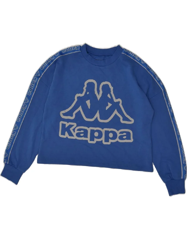 KAPPA Womens Crop Graphic Sweatshirt Jumper UK 10 Small Blue Cotton Hoodie with Hem Frayed Vintage Worn