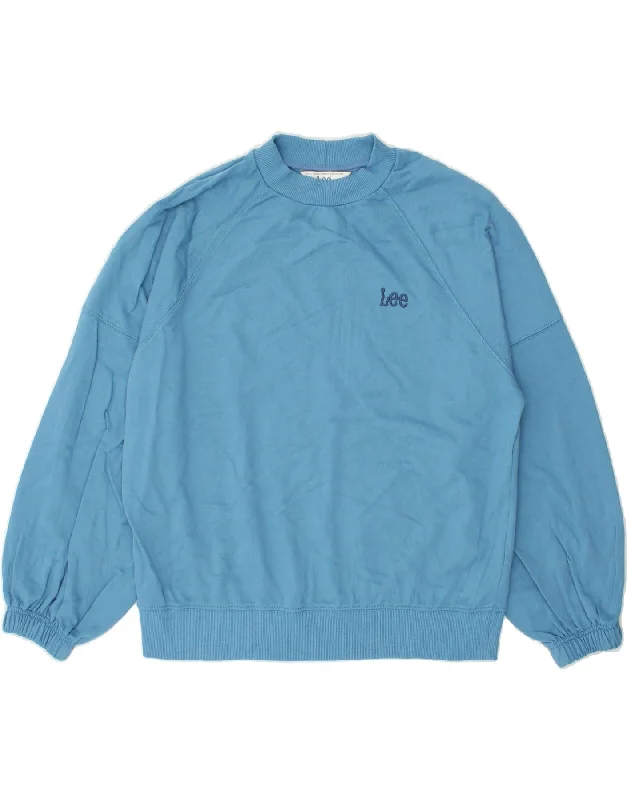 LEE Womens Oversized Sweatshirt Jumper UK 10 Small Blue Cotton Hoodie with Hem Applique Textured Unique