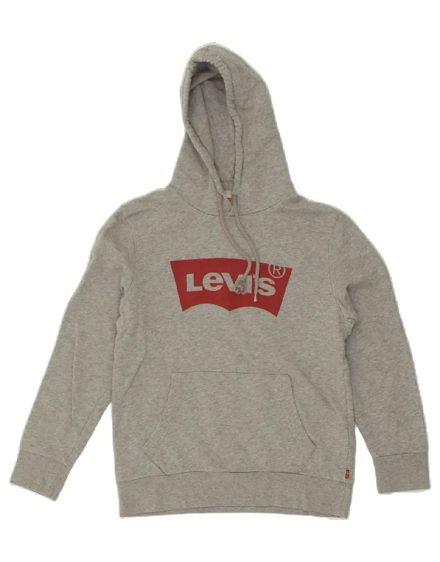 LEVI'S Womens Graphic Hoodie Jumper UK 10 Small Grey Cotton Hoodie with Button Placket Classic Preppy