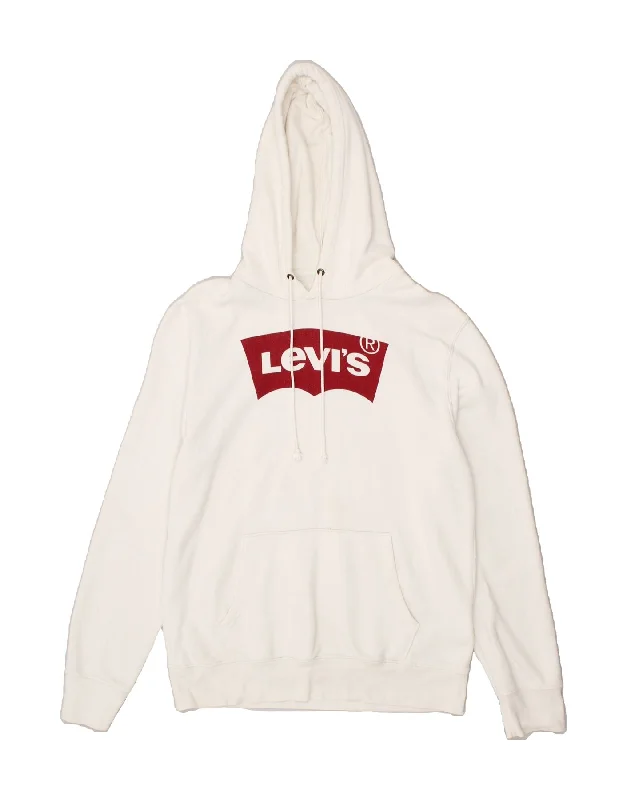 LEVI'S Womens Graphic Hoodie Jumper UK 14 Medium White Cotton Hoodie with Drop Shoulder Relaxed Streetwear