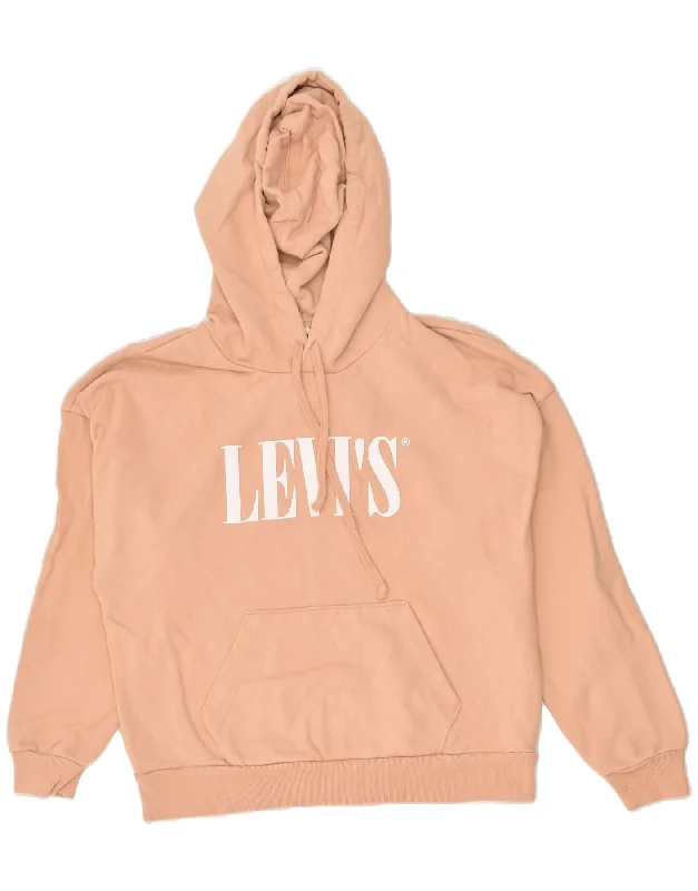 LEVI'S Womens Oversized Graphic Hoodie Jumper UK 6 XS Beige Cotton Hoodie with Hem Applique Textured Unique