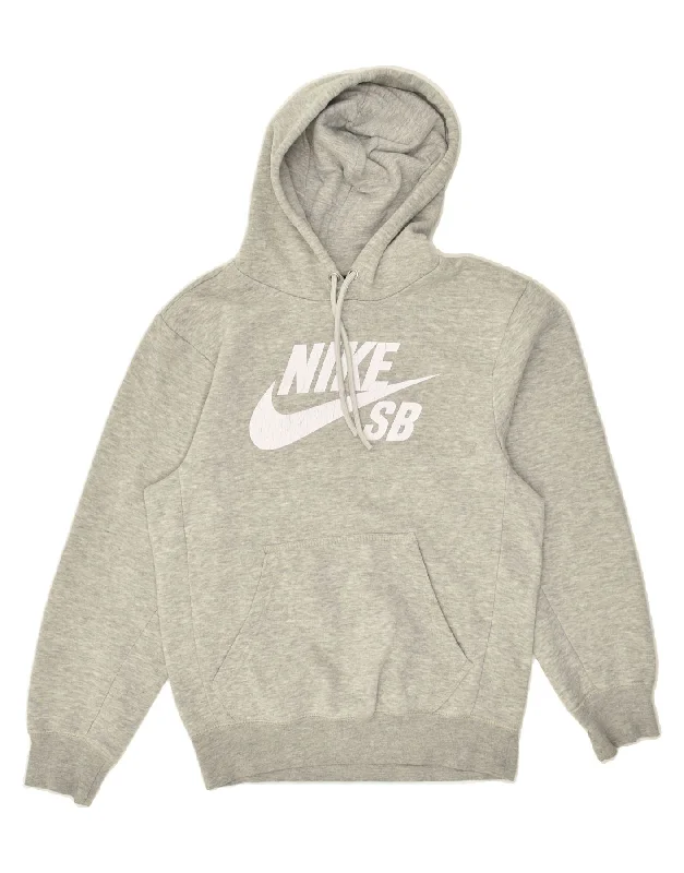 NIKE Womens Graphic Hoodie Jumper UK 10 Small Grey Cotton Hoodie with Contrast Stitching Detailed Premium