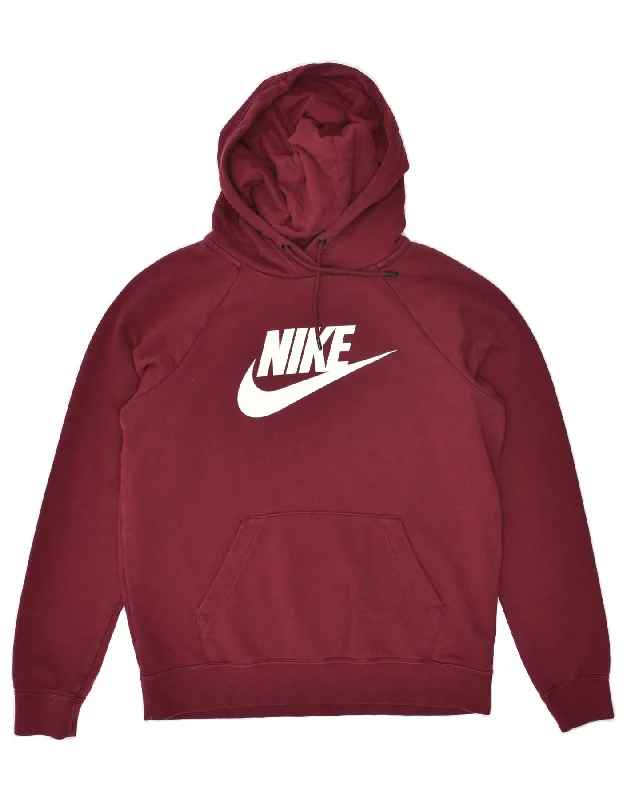 NIKE Womens Graphic Hoodie Jumper UK 14 Medium Burgundy Cotton Hoodie with Distressed Vintage Worn