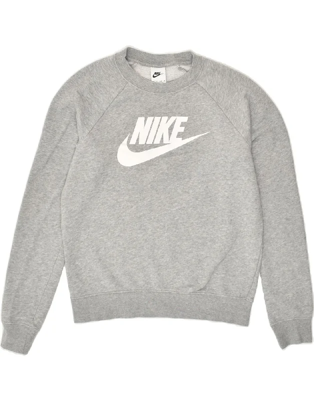 NIKE Womens Graphic Sweatshirt Jumper UK 6 XS Grey Hoodie with Typography Text Message