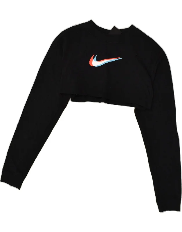 NIKE Womens Loose Fit Graphic Crop Sweatshirt Jumper UK 14 Large Black Hoodie Crop Top Short Trendy