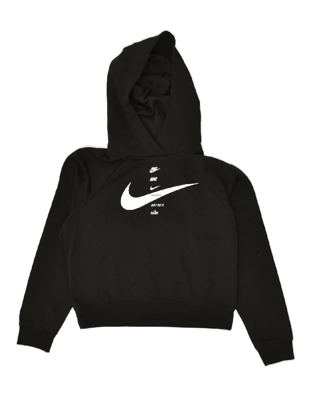 NIKE Womens Oversized Crop Hoodie Jumper UK 6 XS Black Polyester Hoodie with Reflective Safety Nightwear