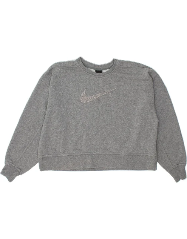 NIKE Womens Oversized Graphic Crop Sweatshirt Jumper UK 14 Medium Grey Hoodie with Distressed Vintage Worn