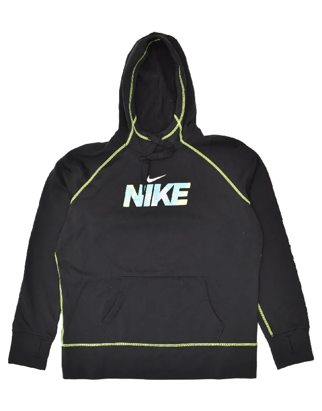 NIKE Womens Therma-Fit Graphic Hoodie Jumper UK 18 XL Black Polyester Hooded Sweatshirt Casual Wear Street Style